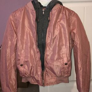 Pink bomber jacket with grey hooded liner